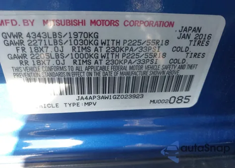 2016 Mitsubishi Outlander Sport 2.4 Es z USA, uszkodzony, nr VIN JA4AP3AW1GZ023923